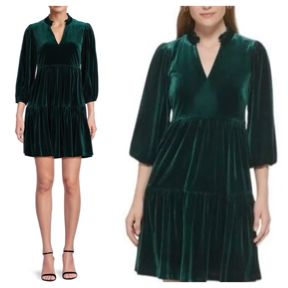 Sz 12 Vince Camuto Hunter Green Velvet Tiered Trapeze Mini Dress